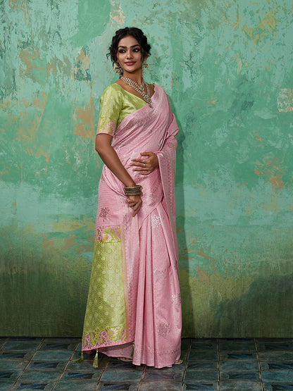 Sutriti Peach & Mehendi Green Cotton Silk Saree for Women - Festive Wedding Party Wear Ethnic Saree