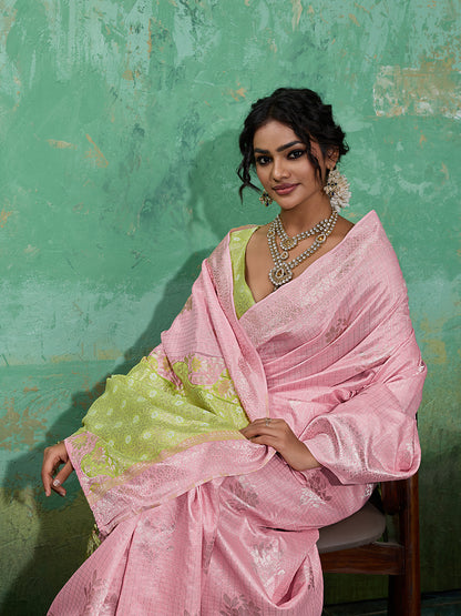 Sutriti Peach & Mehendi Green Cotton Silk Saree for Women - Festive Wedding Party Wear Ethnic Saree