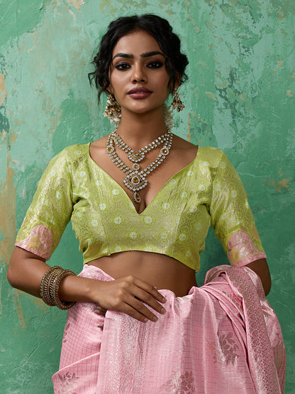 Sutriti Peach & Mehendi Green Cotton Silk Saree for Women - Festive Wedding Party Wear Ethnic Saree