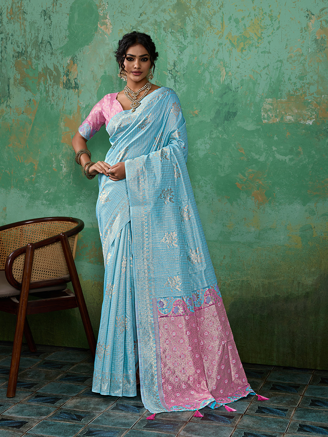 Sutriti Sky Blue & Pink Cotton Silk Saree for Women - Festive Wedding Party Wear Ethnic Saree