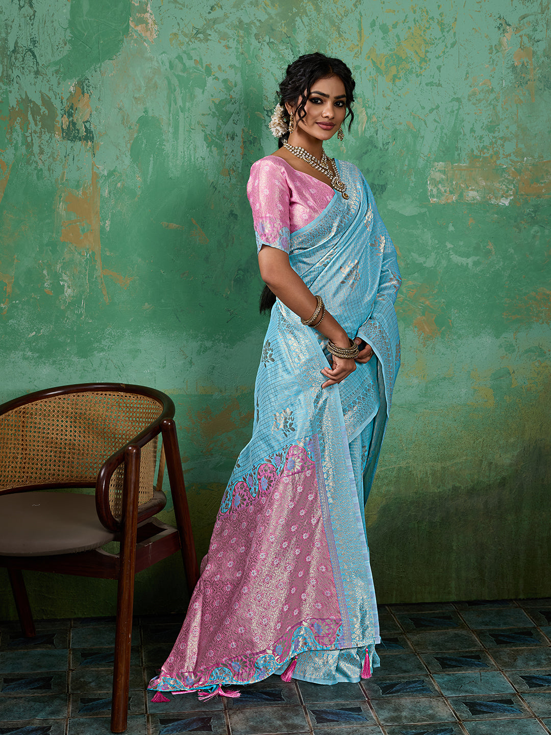 Sutriti Sky Blue & Pink Cotton Silk Saree for Women - Festive Wedding Party Wear Ethnic Saree