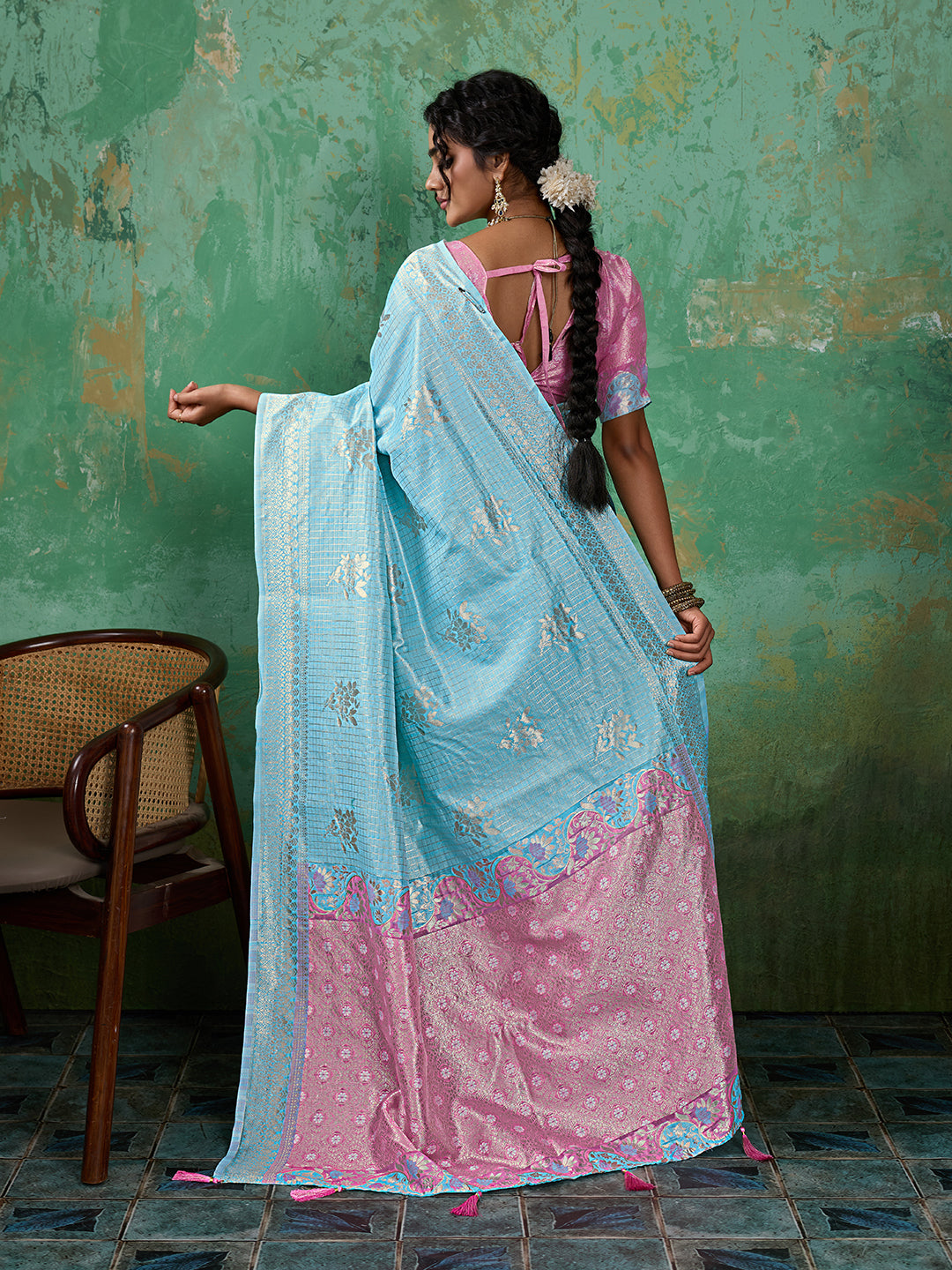 Sutriti Sky Blue & Pink Cotton Silk Saree for Women - Festive Wedding Party Wear Ethnic Saree