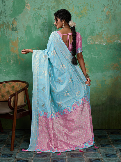 Sutriti Sky Blue & Pink Cotton Silk Saree for Women - Festive Wedding Party Wear Ethnic Saree