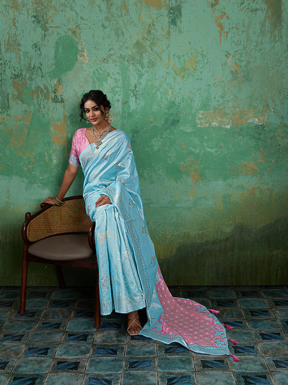 Sutriti Sky Blue & Pink Cotton Silk Saree for Women - Festive Wedding Party Wear Ethnic Saree