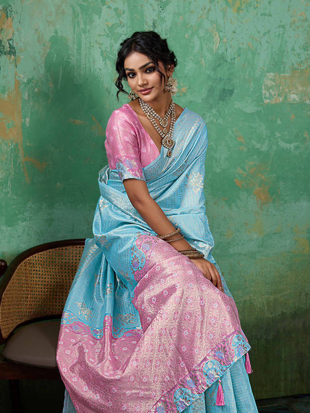 Sutriti Sky Blue & Pink Cotton Silk Saree for Women - Festive Wedding Party Wear Ethnic Saree