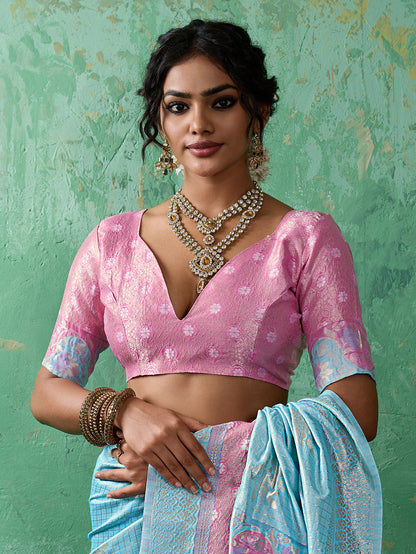 Sutriti Sky Blue & Pink Cotton Silk Saree for Women - Festive Wedding Party Wear Ethnic Saree