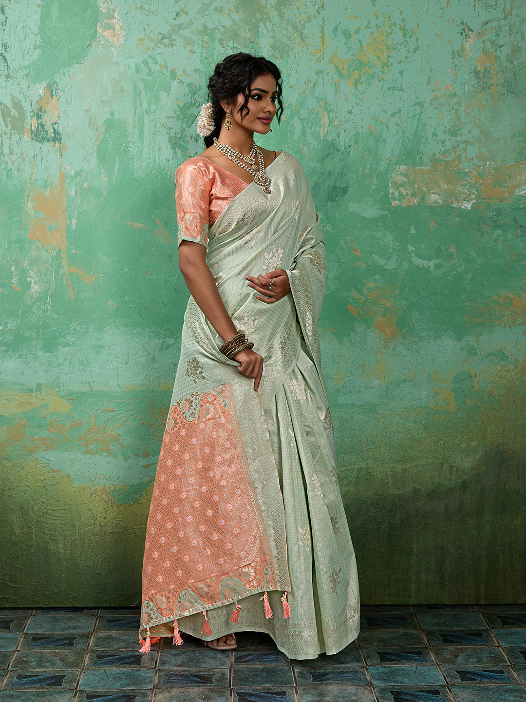 Sutriti Light Green & Pink Cotton Silk Saree for Women - Festive Wedding Party Wear Ethnic Saree
