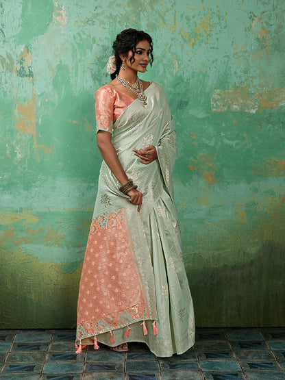 Sutriti Light Green & Pink Cotton Silk Saree for Women - Festive Wedding Party Wear Ethnic Saree