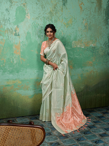 Sutriti Light Green & Pink Cotton Silk Saree for Women - Festive Wedding Party Wear Ethnic Saree