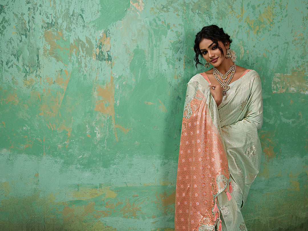 Sutriti Light Green & Pink Cotton Silk Saree for Women - Festive Wedding Party Wear Ethnic Saree