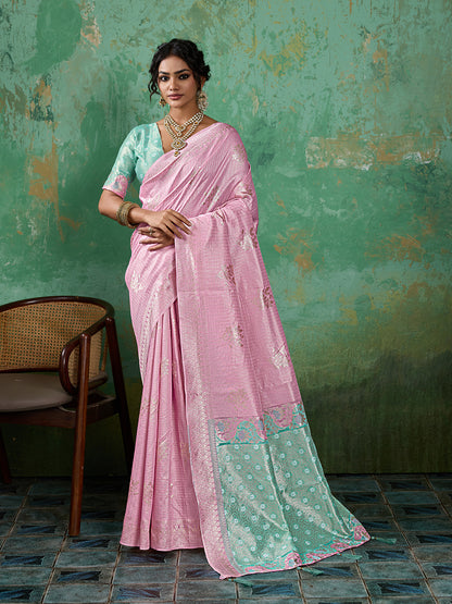 Sutriti Pink & Sky Blue Cotton Silk Saree for Women - Festive Wedding Party Wear Ethnic Saree