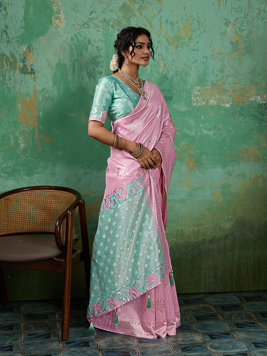Sutriti Pink & Sky Blue Cotton Silk Saree for Women - Festive Wedding Party Wear Ethnic Saree