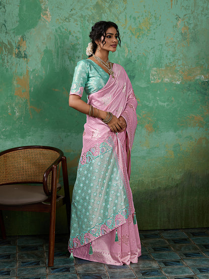 Sutriti Pink & Sky Blue Cotton Silk Saree for Women - Festive Wedding Party Wear Ethnic Saree