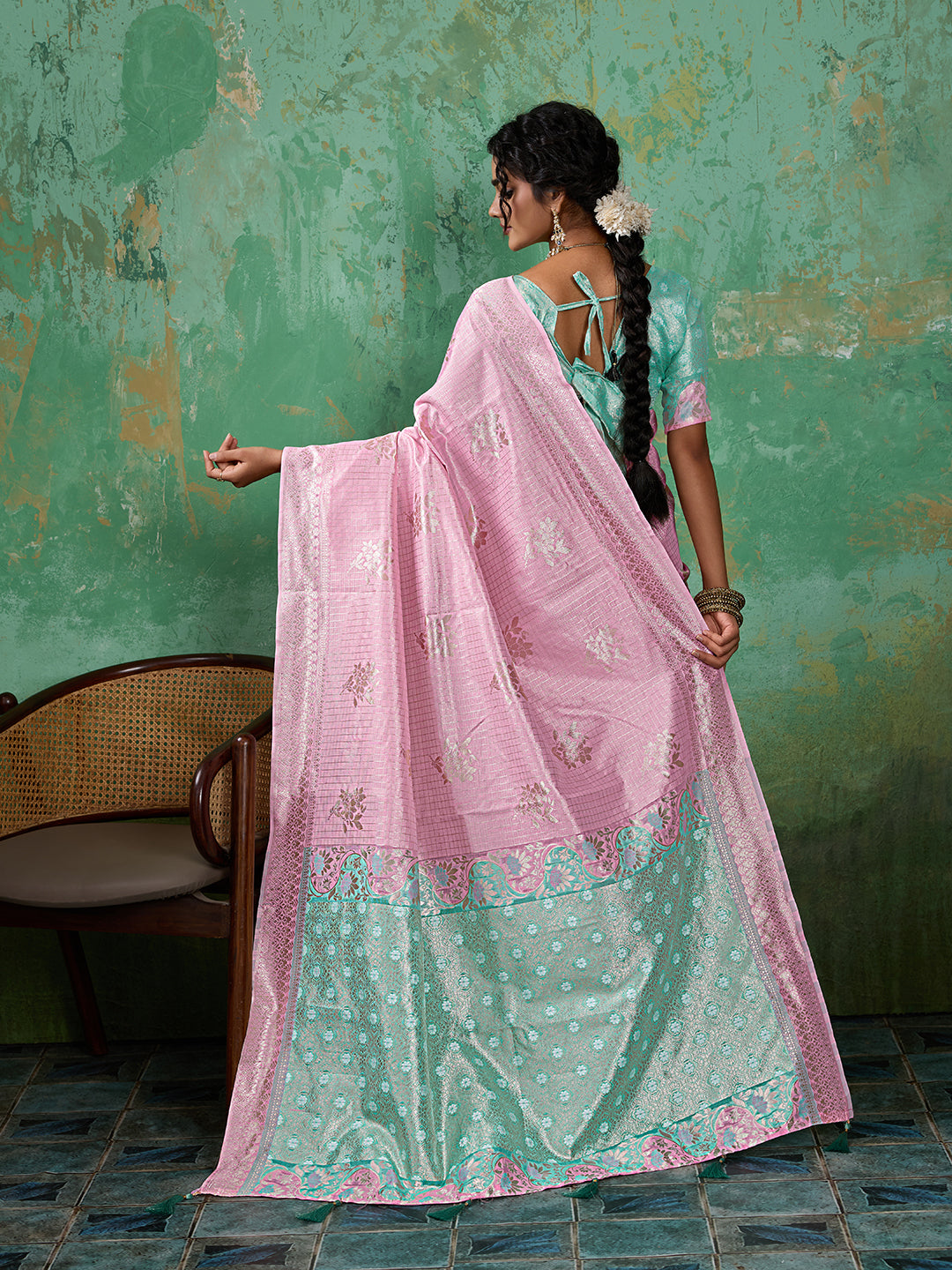 Sutriti Pink & Sky Blue Cotton Silk Saree for Women - Festive Wedding Party Wear Ethnic Saree