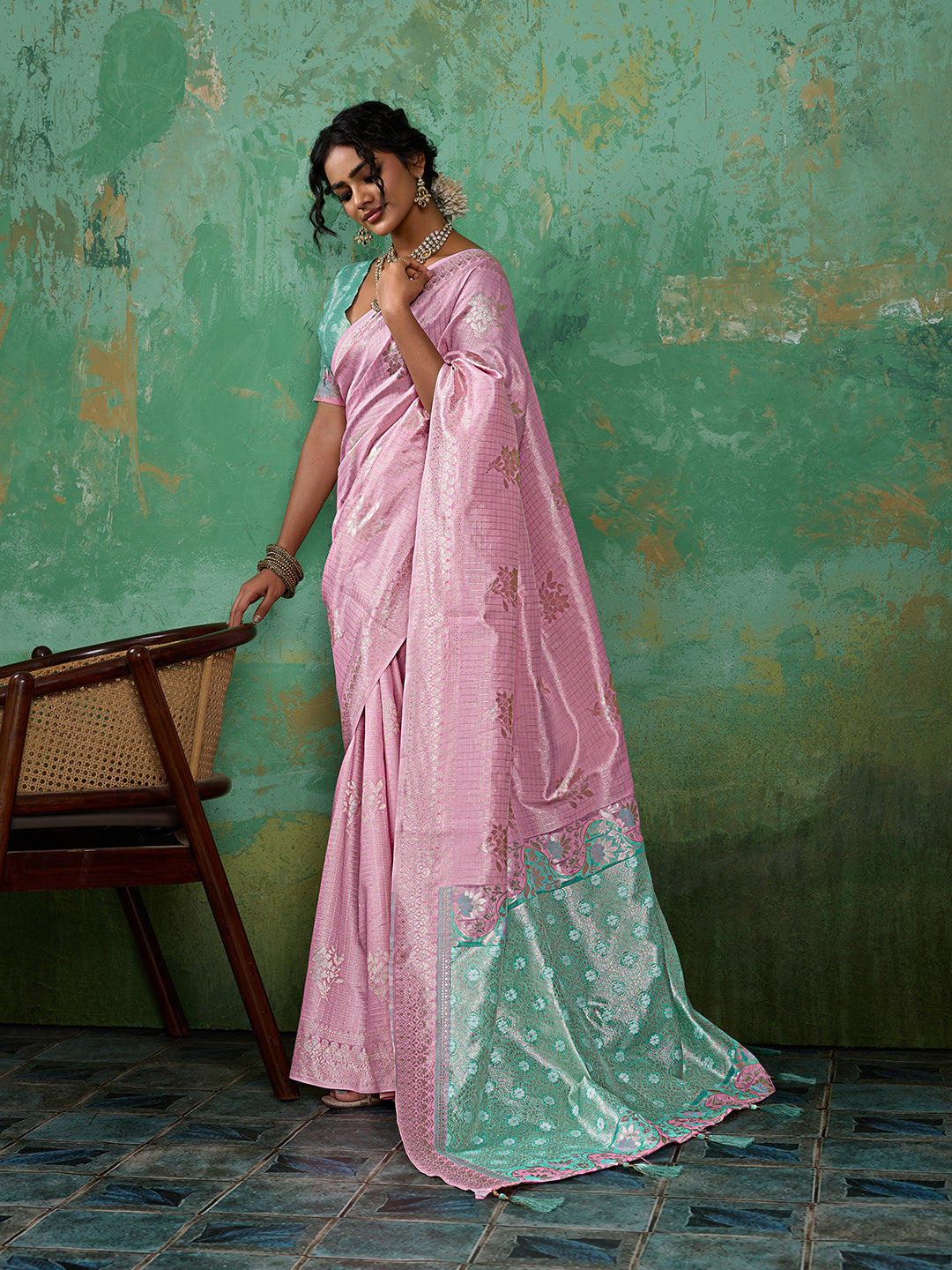Sutriti Pink & Sky Blue Cotton Silk Saree for Women - Festive Wedding Party Wear Ethnic Saree
