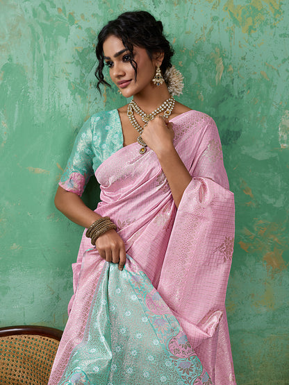 Sutriti Pink & Sky Blue Cotton Silk Saree for Women - Festive Wedding Party Wear Ethnic Saree