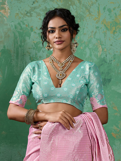 Sutriti Pink & Sky Blue Cotton Silk Saree for Women - Festive Wedding Party Wear Ethnic Saree