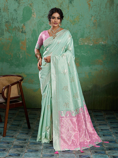 Sutriti Sea Green & Pink Cotton Silk Saree for Women - Festive Wedding Party Wear Ethnic Saree