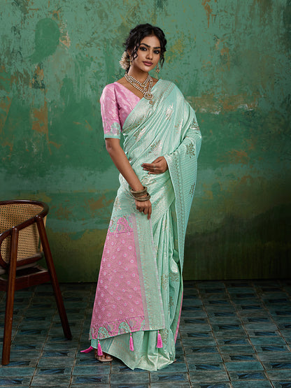 Sutriti Sea Green & Pink Cotton Silk Saree for Women - Festive Wedding Party Wear Ethnic Saree