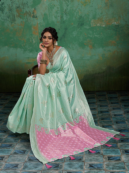 Sutriti Sea Green & Pink Cotton Silk Saree for Women - Festive Wedding Party Wear Ethnic Saree