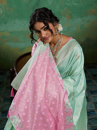 Sutriti Sea Green & Pink Cotton Silk Saree for Women - Festive Wedding Party Wear Ethnic Saree