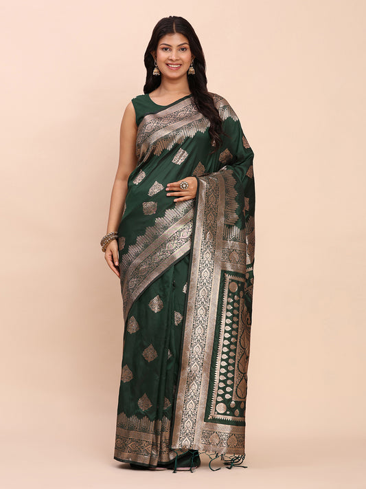 Sutriti Bottle Green Zari Woven Saree with Rich Border & Heavy Pallu | Traditional Festive Wear