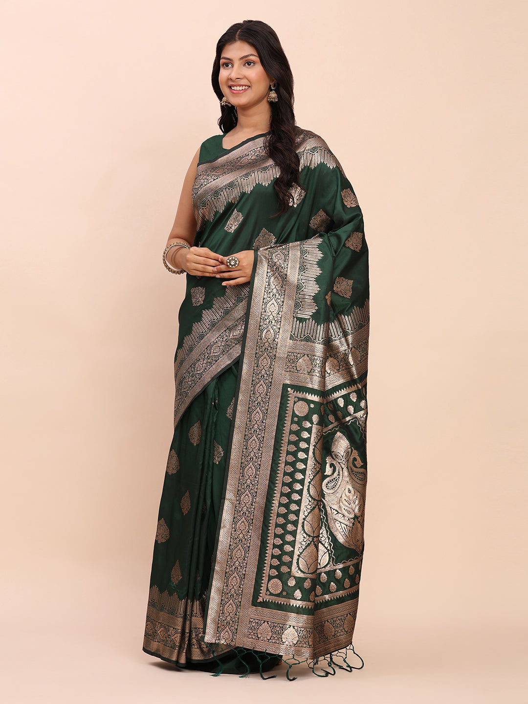 Sutriti Bottle Green Zari Woven Saree with Rich Border & Heavy Pallu | Traditional Festive Wear