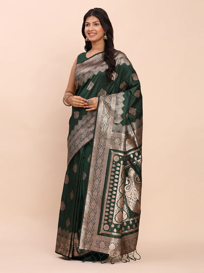 Sutriti Bottle Green Zari Woven Saree with Rich Border & Heavy Pallu | Traditional Festive Wear