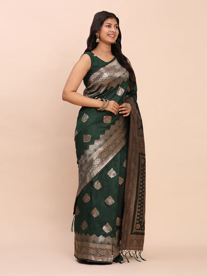 Sutriti Bottle Green Zari Woven Saree with Rich Border & Heavy Pallu | Traditional Festive Wear