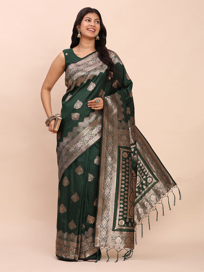 Sutriti Bottle Green Zari Woven Saree with Rich Border & Heavy Pallu | Traditional Festive Wear