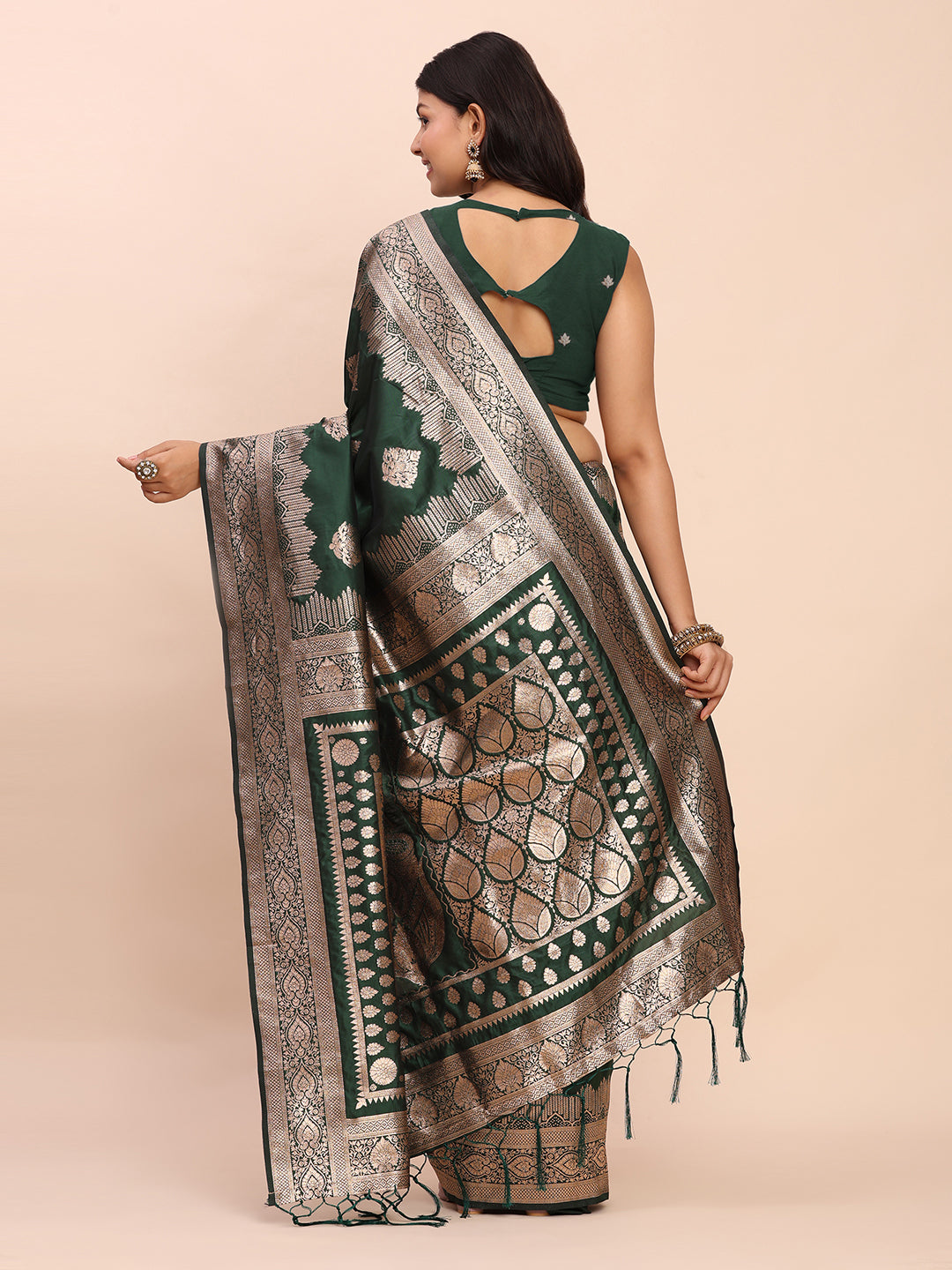 Sutriti Bottle Green Zari Woven Saree with Rich Border & Heavy Pallu | Traditional Festive Wear