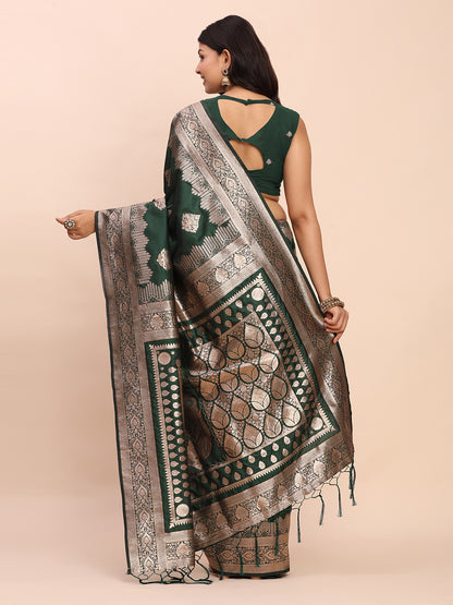 Sutriti Bottle Green Zari Woven Saree with Rich Border & Heavy Pallu | Traditional Festive Wear