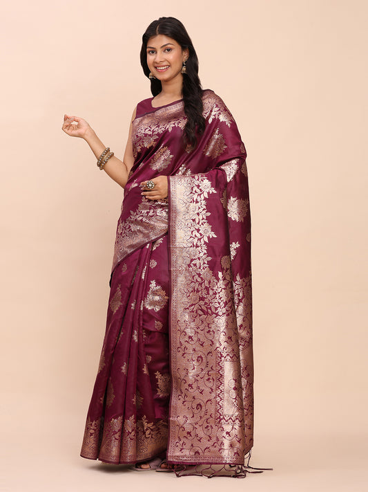Sutriti Rich Wine Purple Woven Soft Silk Saree - Party Wear