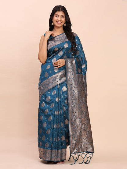 Sutriti Steel Blue Soft Silk Saree with Silver Zari Floral Motifs