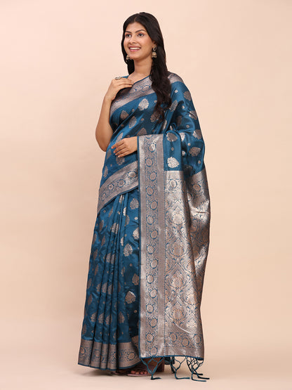Sutriti Steel Blue Soft Silk Saree with Silver Zari Floral Motifs