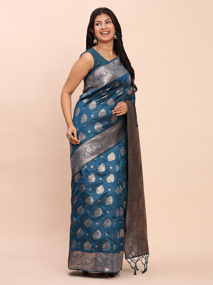 Sutriti Steel Blue Soft Silk Saree with Silver Zari Floral Motifs