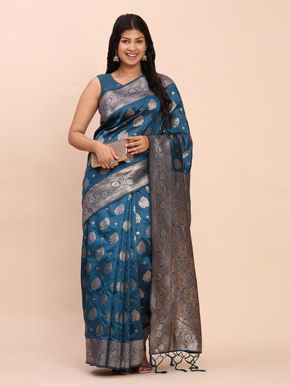 Sutriti Steel Blue Soft Silk Saree with Silver Zari Floral Motifs