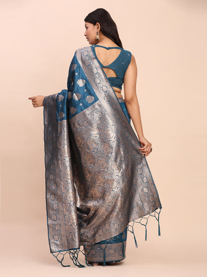 Sutriti Steel Blue Soft Silk Saree with Silver Zari Floral Motifs