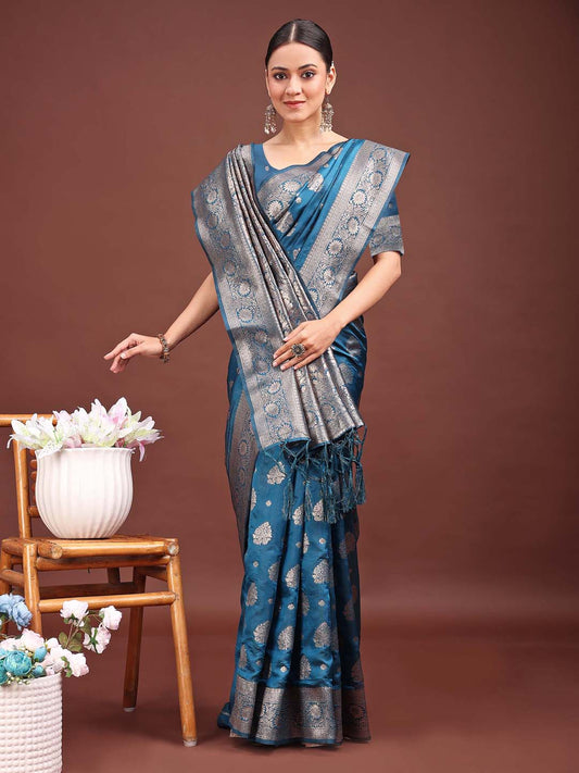 Sutriti Steel Blue Soft Silk Saree with Silver Zari Floral Motifs