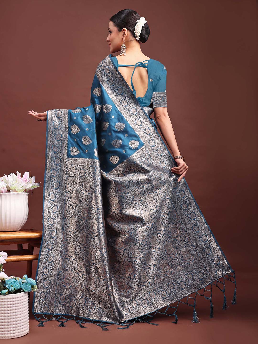 Sutriti Steel Blue Soft Silk Saree with Silver Zari Floral Motifs