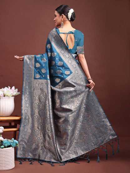 Sutriti Steel Blue Soft Silk Saree with Silver Zari Floral Motifs