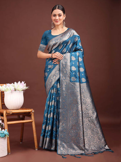 Sutriti Steel Blue Soft Silk Saree with Silver Zari Floral Motifs