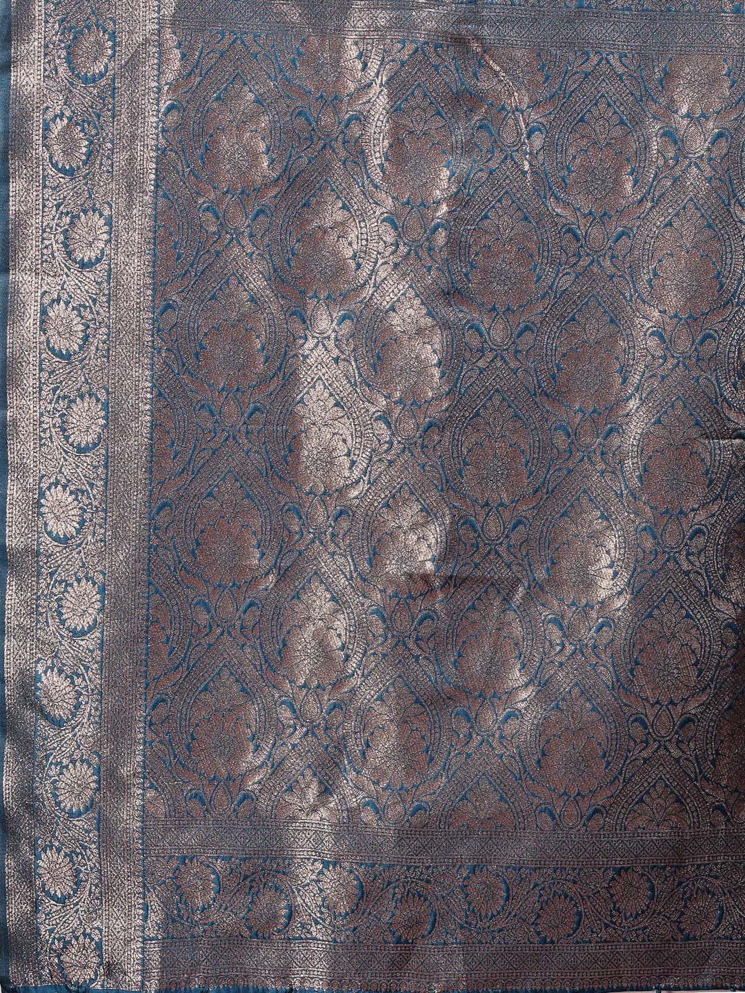 Sutriti Steel Blue Soft Silk Saree with Silver Zari Floral Motifs