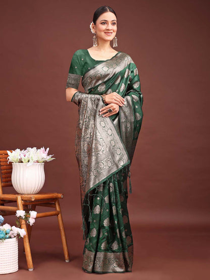 Sutriti Forest Green Woven Soft Silk Saree with Rich Silver Zari