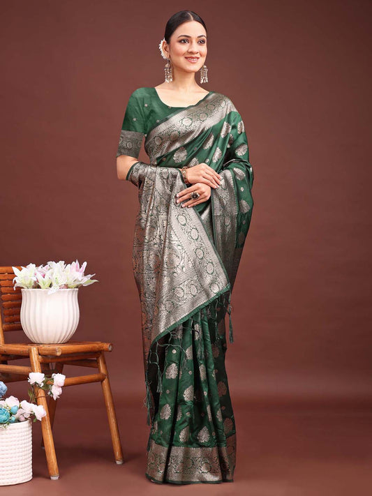 Sutriti Forest Green Woven Soft Silk Saree with Rich Silver Zari