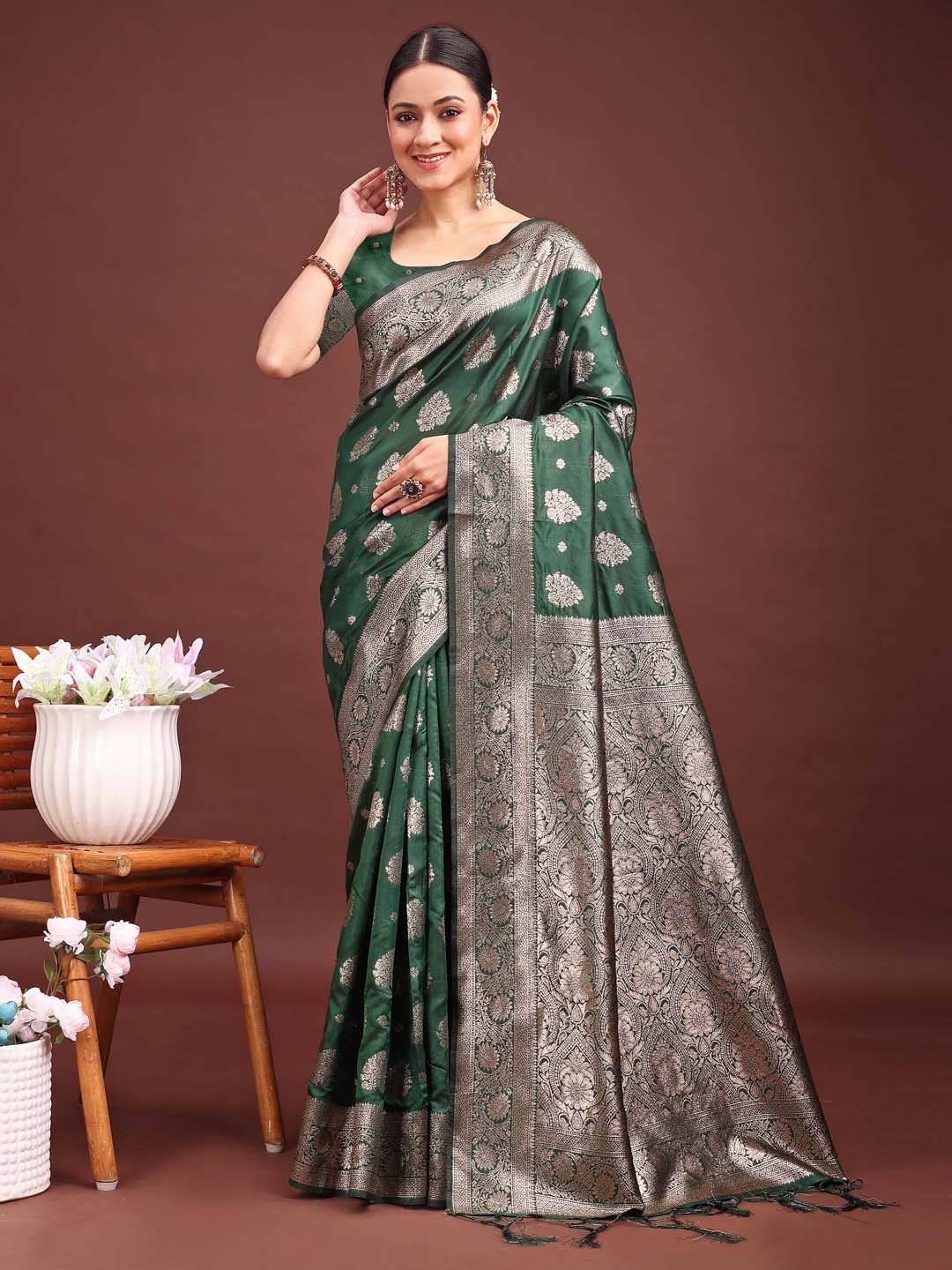 Sutriti Forest Green Woven Soft Silk Saree with Rich Silver Zari