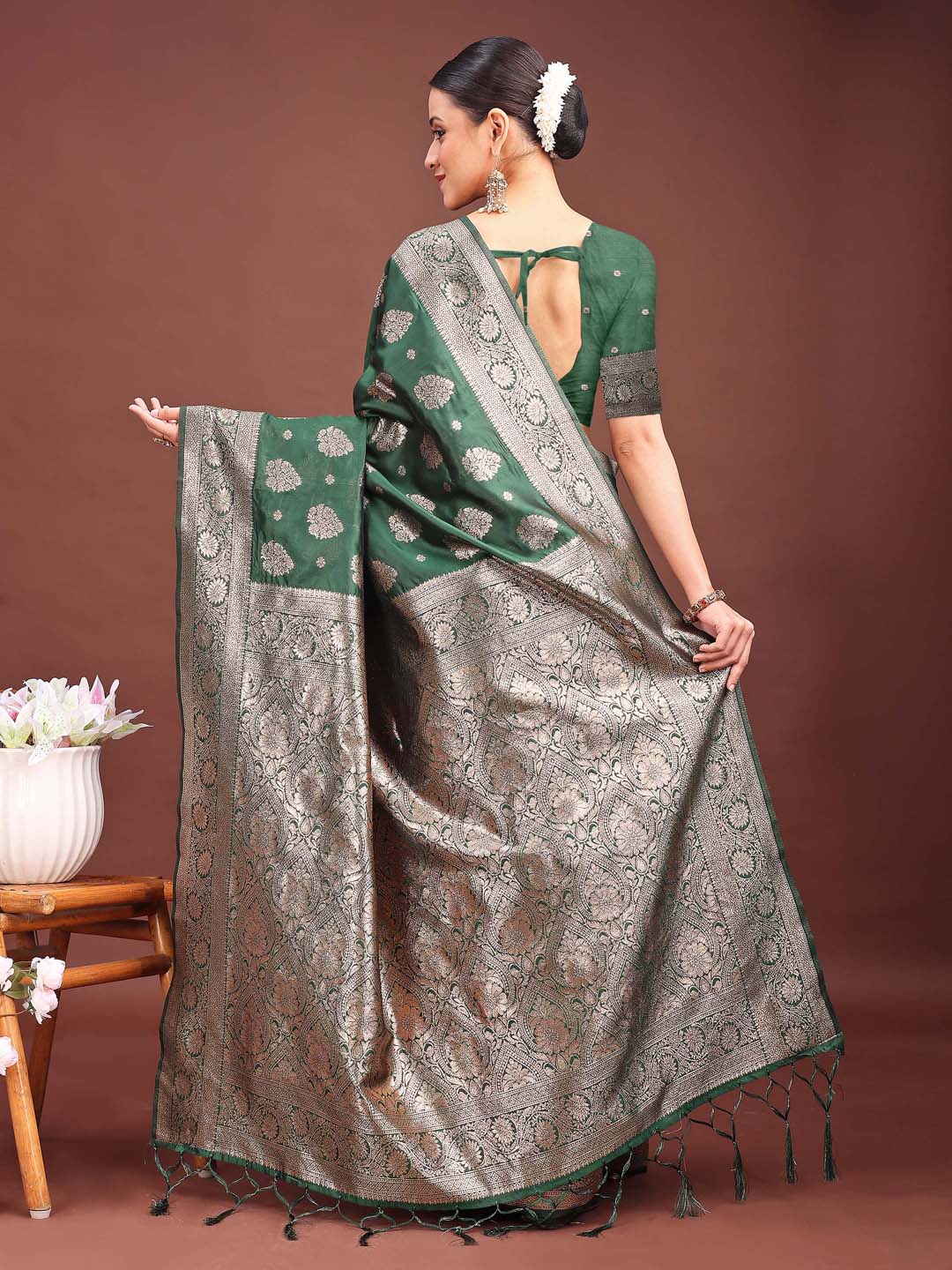 Sutriti Forest Green Woven Soft Silk Saree with Rich Silver Zari