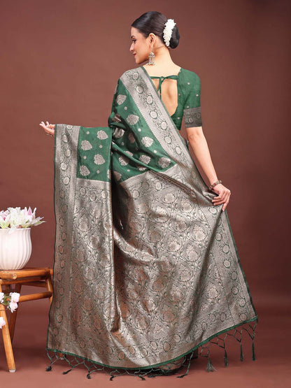 Sutriti Forest Green Woven Soft Silk Saree with Rich Silver Zari