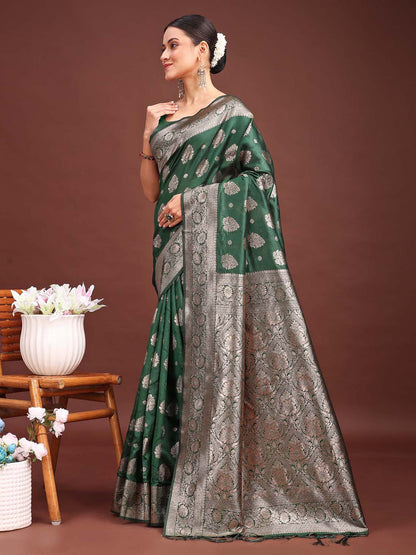 Sutriti Forest Green Woven Soft Silk Saree with Rich Silver Zari