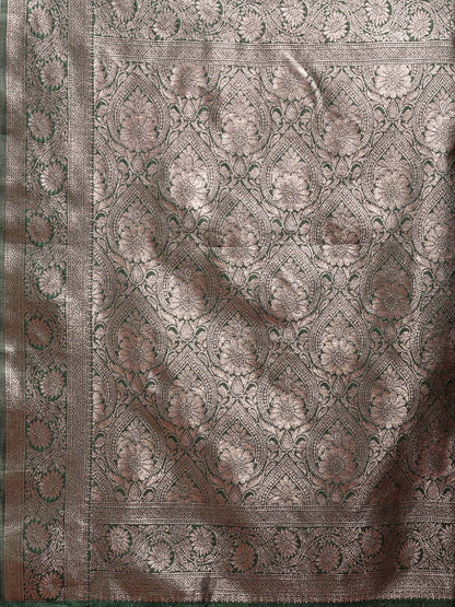 Sutriti Forest Green Woven Soft Silk Saree with Rich Silver Zari